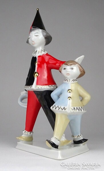 1O363 Retro Hollóházi színes porcelán bohóc kislánnyal figura 21 cm