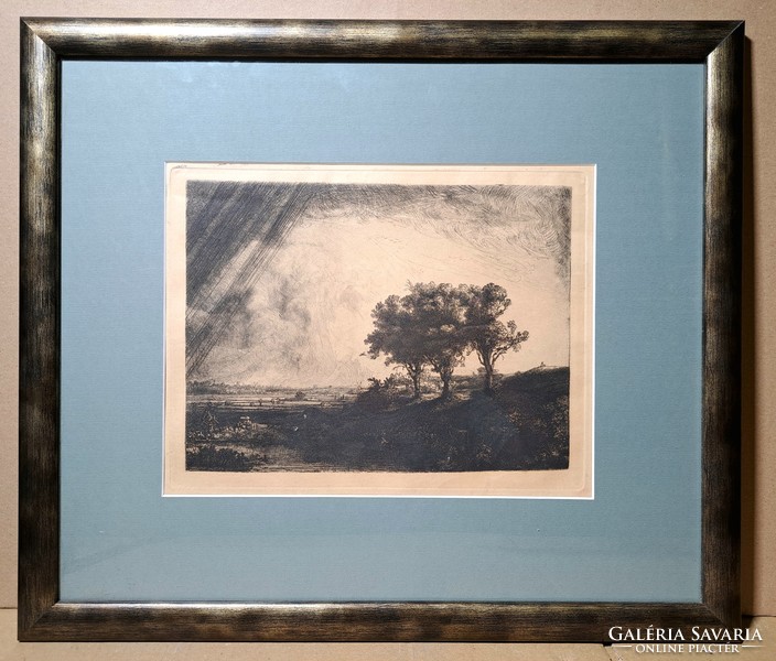 Rembrandt: three trees - professional etching copy in a new frame! (Landscape, panorama)