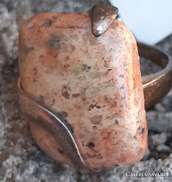 Orbicular jasper mineral stone ring combined with hallmarked 925 silver