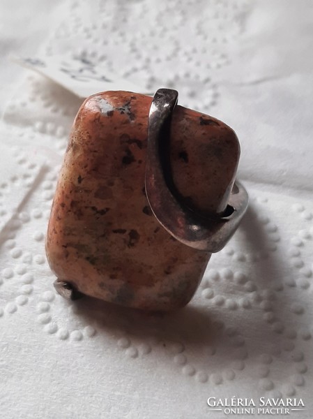 Orbicular jasper mineral stone ring combined with hallmarked 925 silver