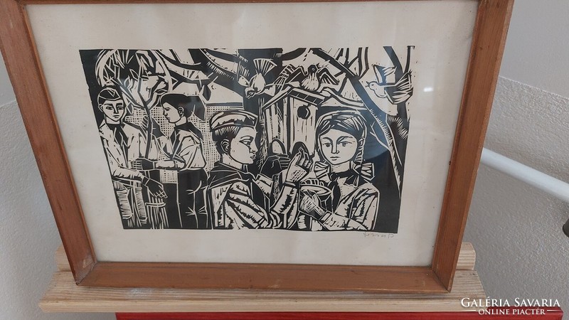 (K) linocut of János Józsa's social realism, 42x32 cm frame, signed!