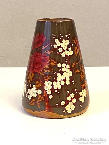 Painted Zsolnay eozin vase decorated with blossoming roses and cherry blossoms, 13 cm