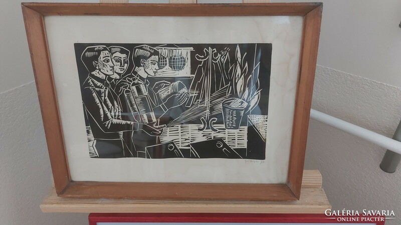 (K) linocut of János Józsa's social realism, 42x32 cm frame, signed!