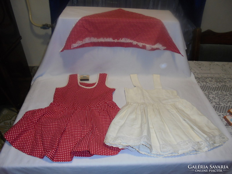 Régi, tündéri piros-fehér pöttyös kislány ruha dupla fodros alsó ruhával, kendővel - Piroska jelmez