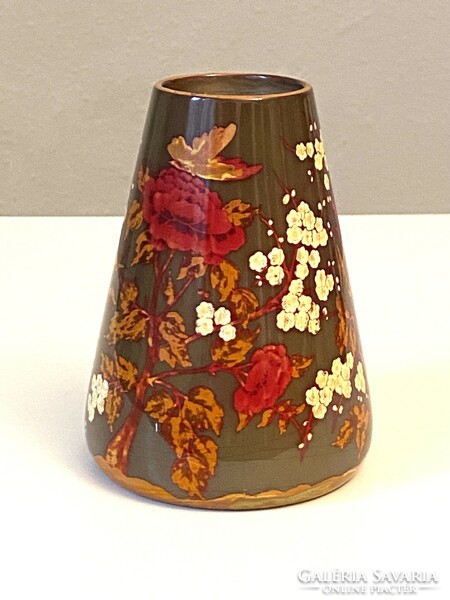 Painted Zsolnay eozin vase decorated with blossoming roses and cherry blossoms, 13 cm