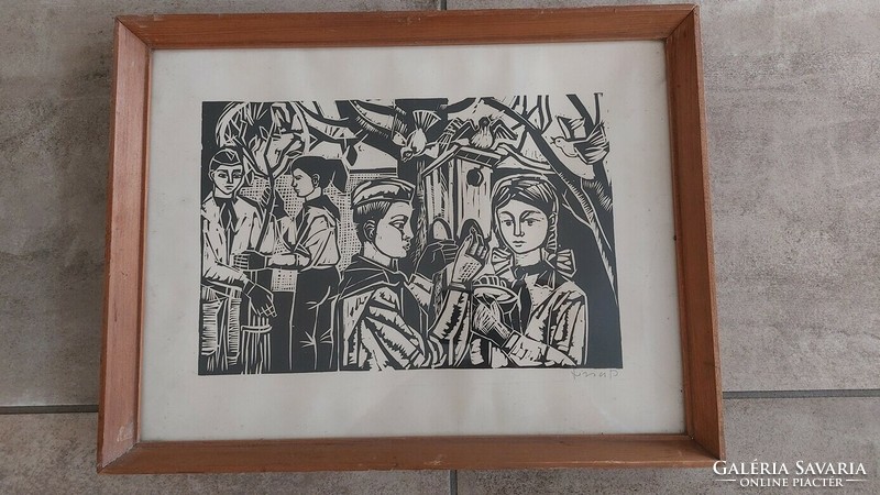 (K) linocut of János Józsa's social realism, 42x32 cm frame, signed!