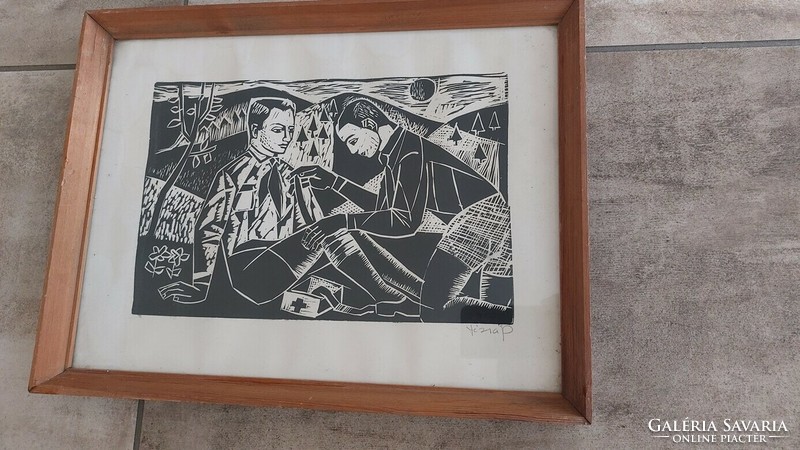 (K) linocut of János Józsa's social realism, 42x32 cm frame, signed!