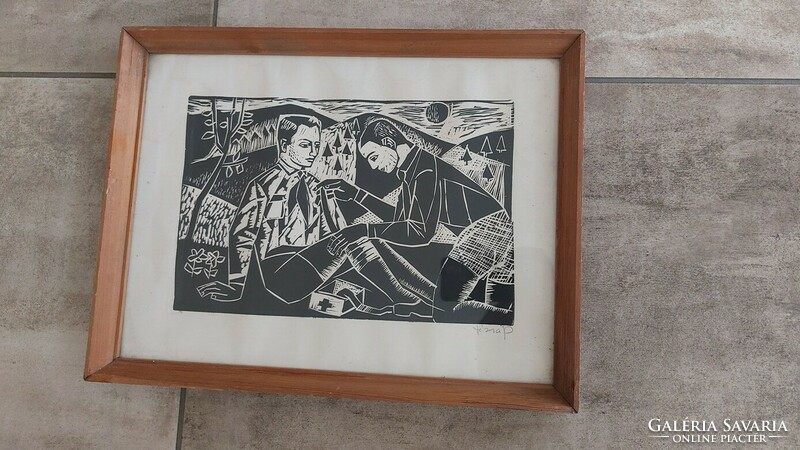 (K) linocut of János Józsa's social realism, 42x32 cm frame, signed!