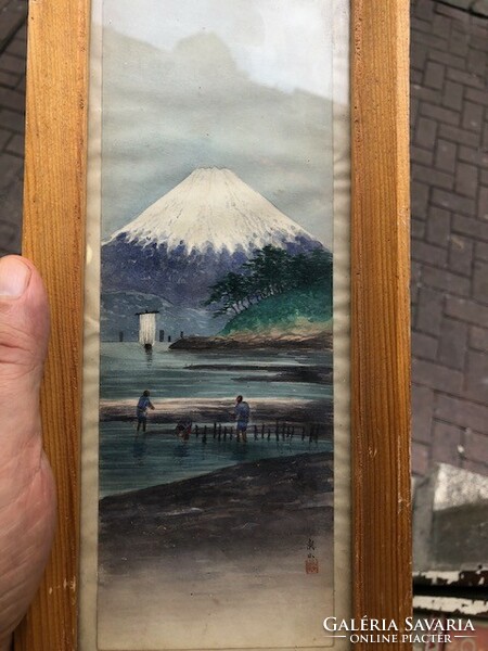Japán akvarell festmény, 30 x 12 cm-es nagyságú, antik.