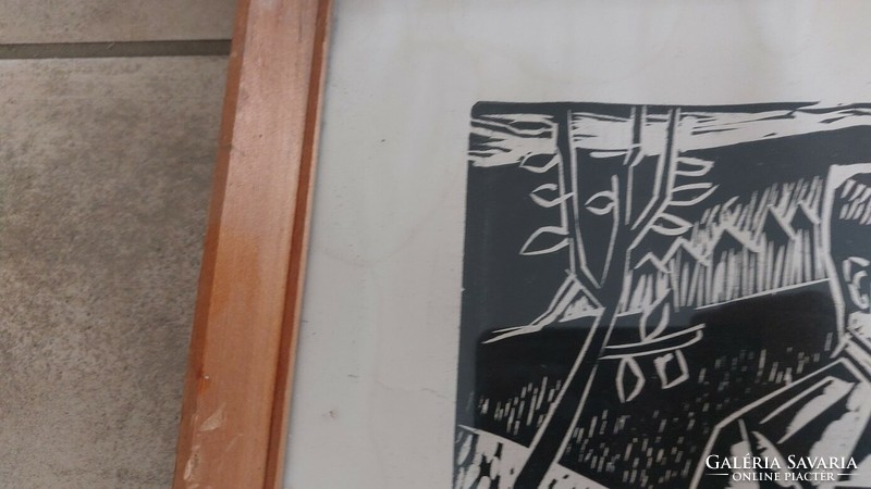 (K) linocut of János Józsa's social realism, 42x32 cm frame, signed!