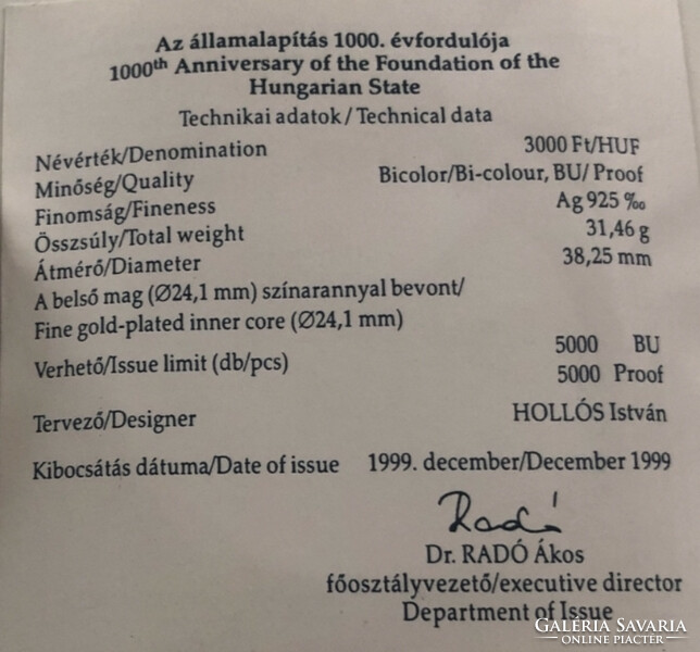 Az államalapítás 1000. évfordulója 3000 Ft. 1999