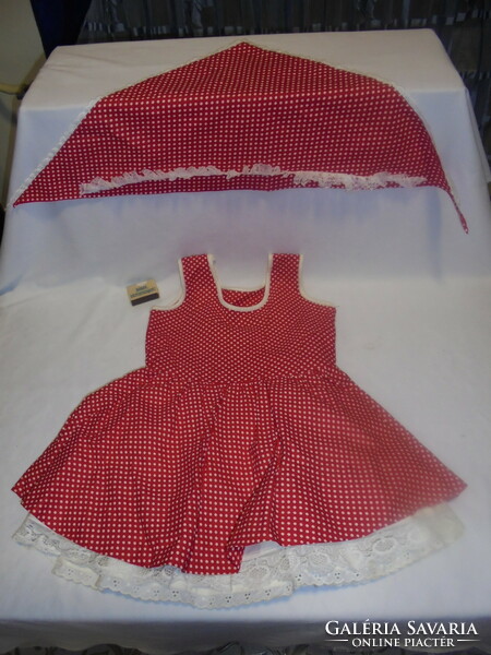 Régi, tündéri piros-fehér pöttyös kislány ruha dupla fodros alsó ruhával, kendővel - Piroska jelmez