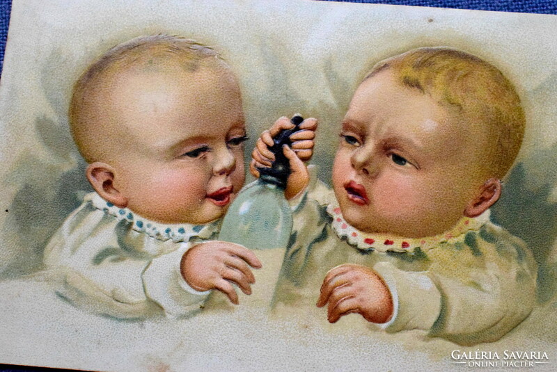 Antique embossed litho greeting card babies fighting on baby bottles