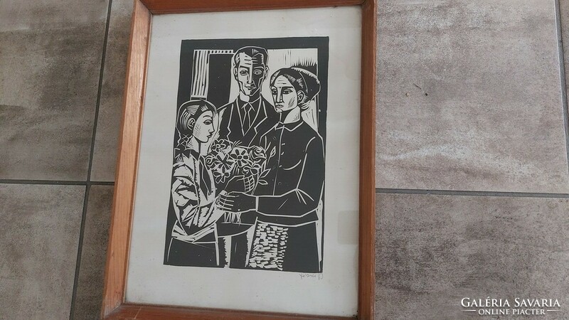 (K) linocut of János Józsa's social realism, 42x32 cm frame, signed!