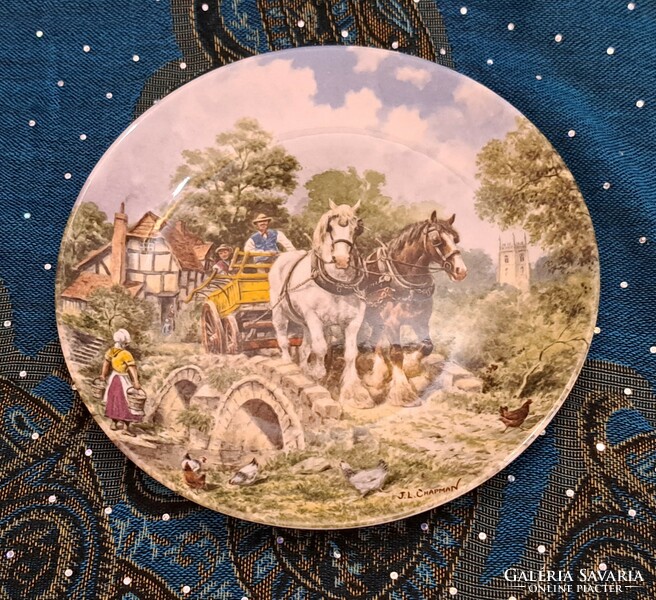 Lovas, vidéki jelenetes angol tányér, porcelán dísztányér 2 (L4154)