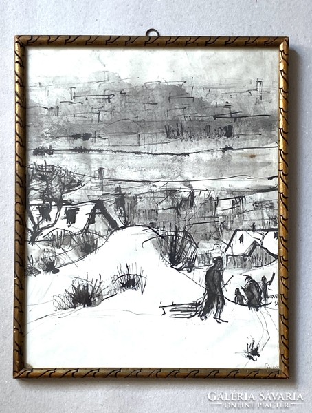 Winter landscape sledding children marked ink drawing in an original gold-colored wooden frame