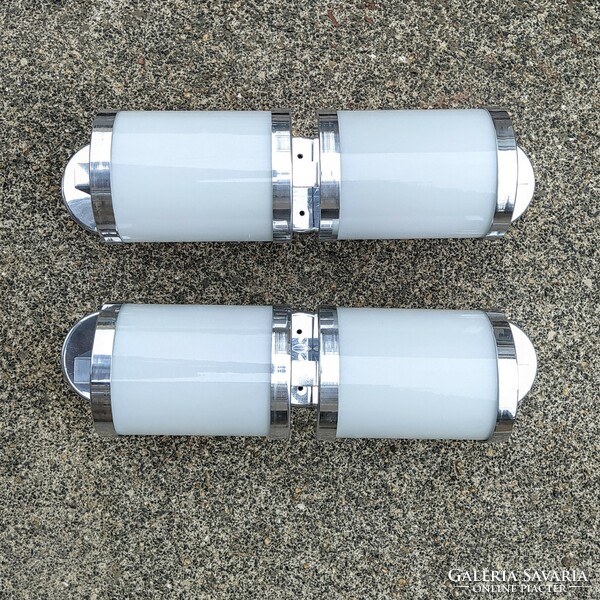 Bauhaus - art deco - streamline 2-burner wall tube lamp pair renovated - milk glass cylinder shade
