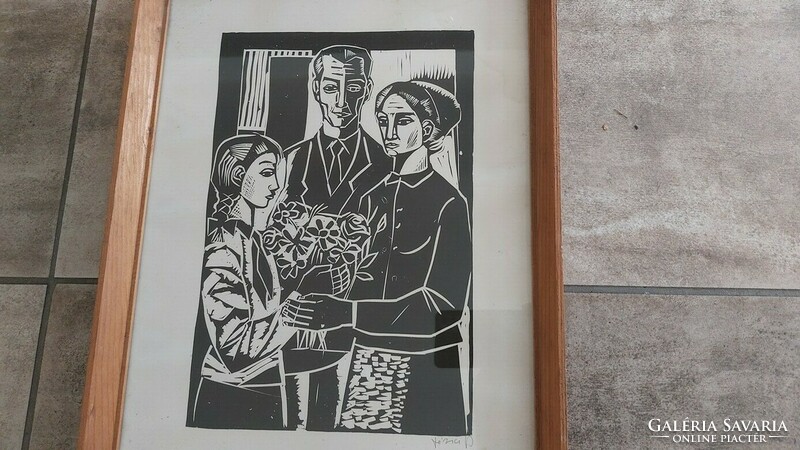 (K) linocut of János Józsa's social realism, 42x32 cm frame, signed!