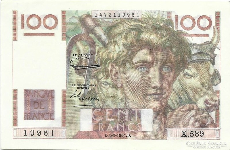 100 French francs 1954 France 1. Bent in bundle