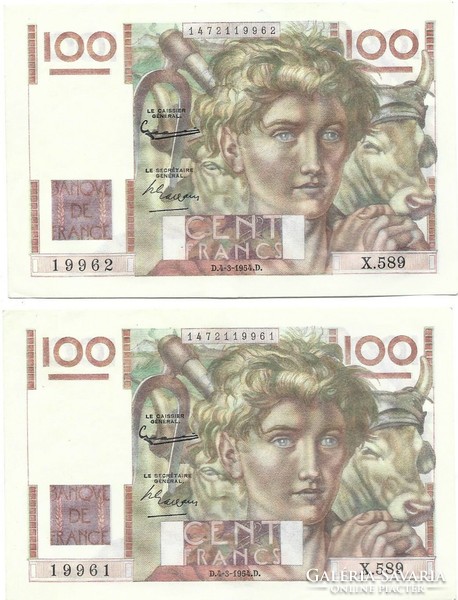 2 x 100 frank francs 1954 sorszámkövető pár Franciaország kötegben hajlott