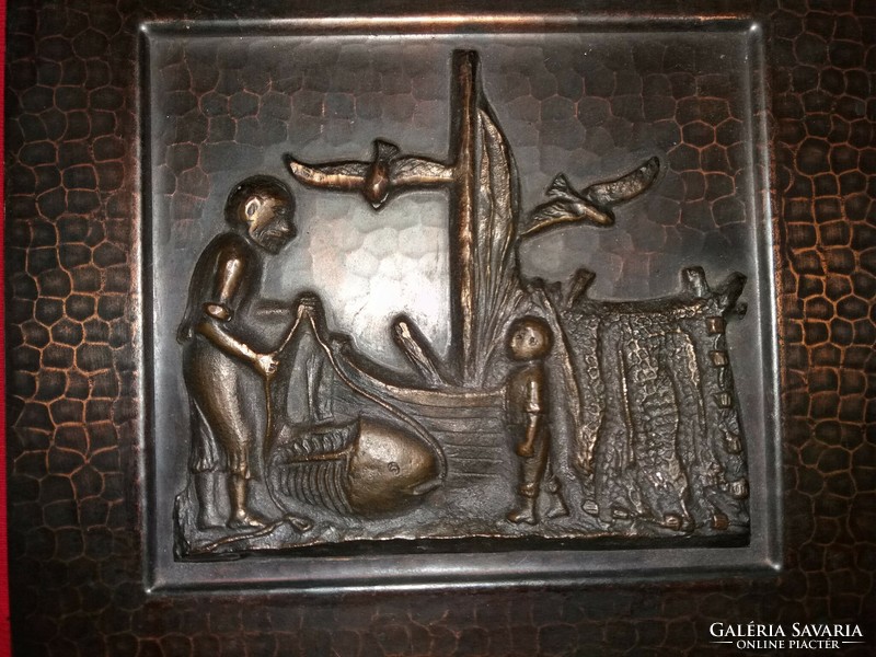 Old serious copper craftsman with gift box with old fisherman and sea relief 22 x 22 x 5 cm