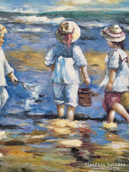 Impressionist oil-on-canvas painting, still life, children on the beach