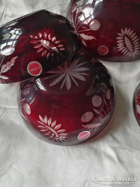 Burgundy glass compote, salad bowl, fruit pattern, set 1+6 pcs