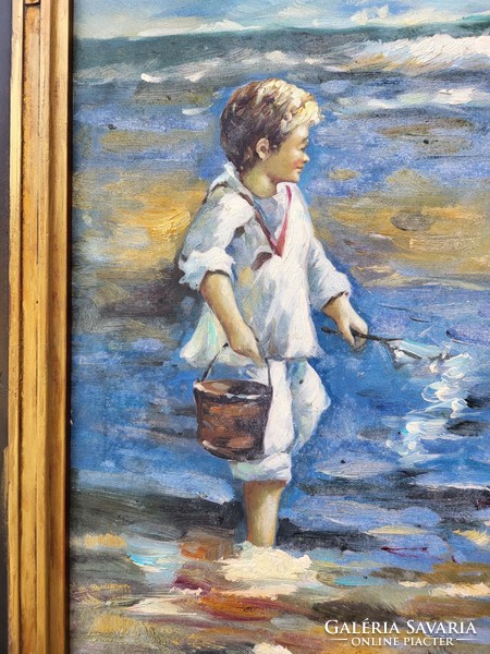 Impresszionista olaj-vászon festmény ,életkép, gyerekek a tengerparton