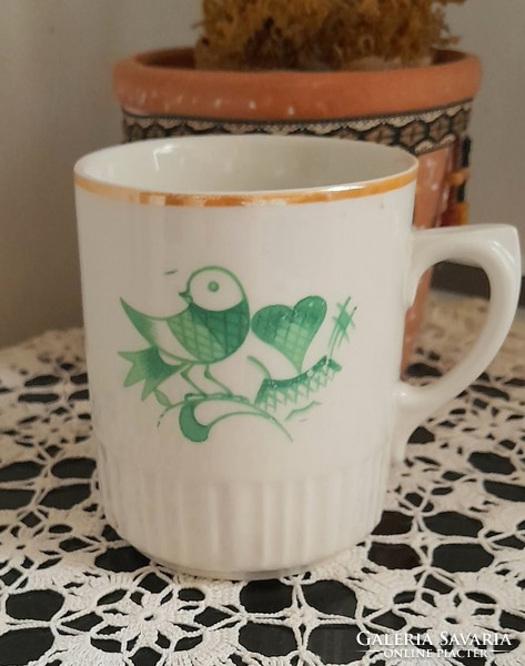 Zsolnay green bird skirt mug with shield seal, glued ears