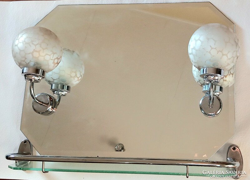 Art deco design mirror with chrome lamp, crystal shade, shelf negotiable