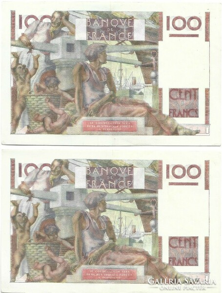 2 X 100 francs francs 1954 serial numbered pair France bent in bundle