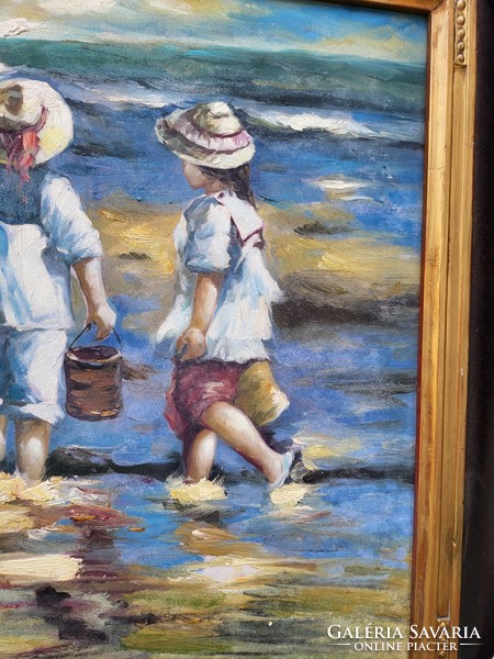 Impressionist oil-on-canvas painting, still life, children on the beach