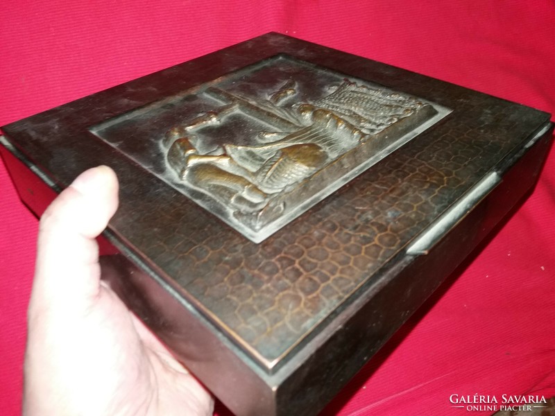 Old serious copper craftsman with gift box with old fisherman and sea relief 22 x 22 x 5 cm