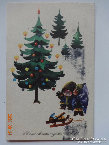 Régi grafikus karácsonyi üdvözlő képeslap, Szilas Győző rajz