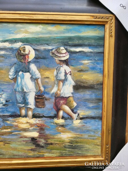 Impresszionista olaj-vászon festmény ,életkép, gyerekek a tengerparton