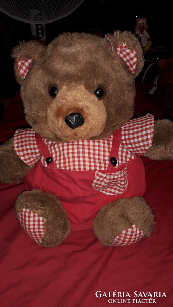 Old cute plush teddy bear in a checkered shirt with bridle pants 30 cm perfect according to the pictures
