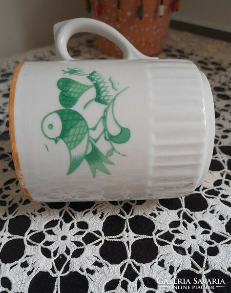 Zsolnay green bird skirt mug with shield seal, glued ears