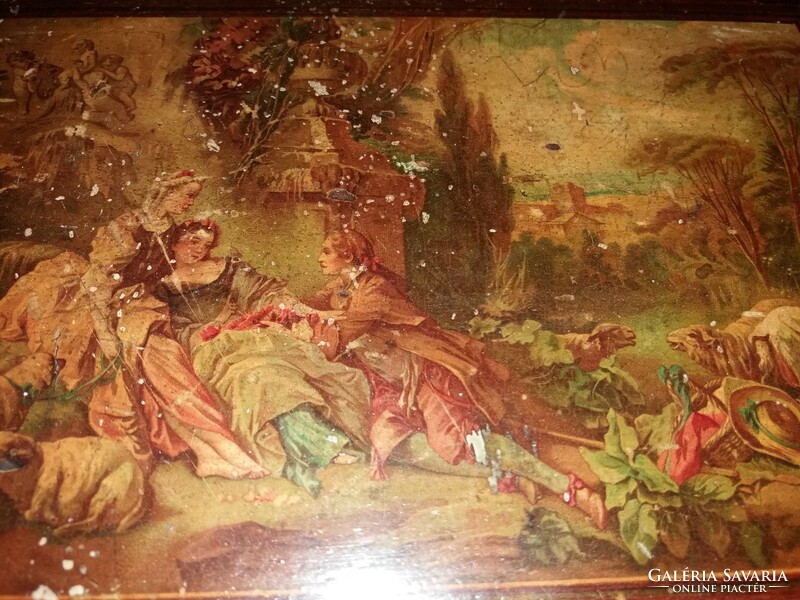 Antik 19. század kézzel festett jelenetes pipere / ékszeres Biedermeyer fadoboz a képek szerint