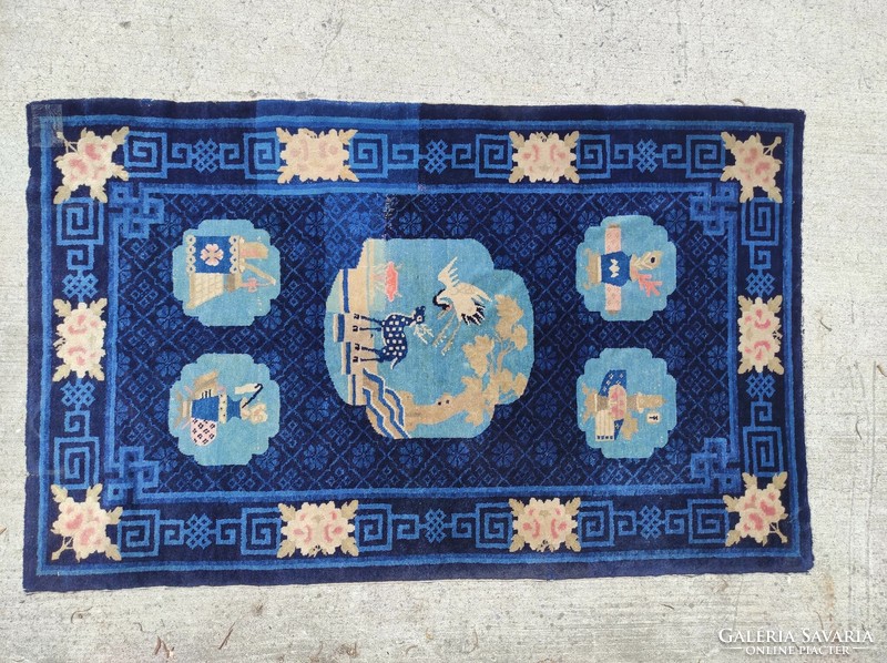 Antique Chinese rug knotted animal motif hand knotted repaired 7484