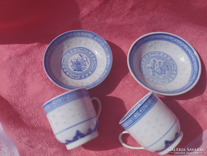 Chinese rice grain porcelain coffee cup with bottom, 2 pairs