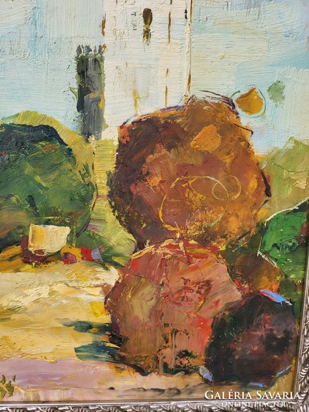 Impressionist oil on canvas painting, street side snapshot