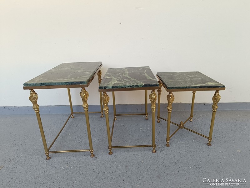 Antique 3 piece patina copper leg green marble onyx collapsible small table table row 789 7791