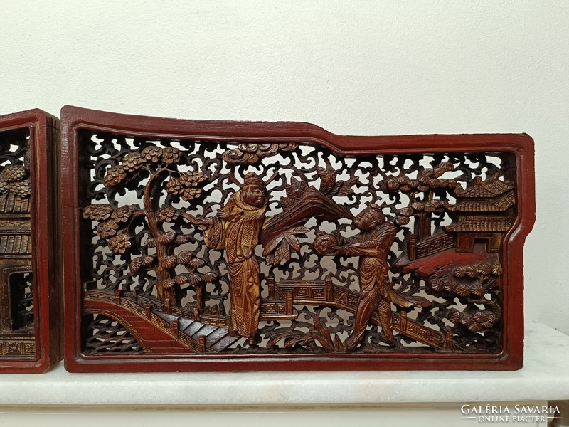Antique patina richly pierced carved figural gilded 2 wall pictures Chinese furniture inlay 201 7486