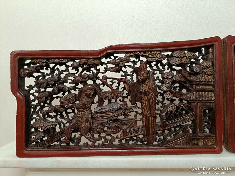 Antique patina richly pierced carved figural gilded 2 wall pictures Chinese furniture inlay 201 7486