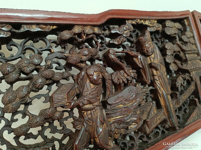 Antik patinás dúsan áttörten faragott figurális aranyozott 2 db falikép kínai bútor berakás 201 7486