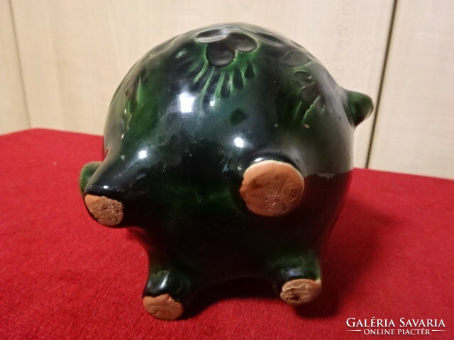 Green glazed ceramic bush, pig shape, height 12 cm. Jokai.