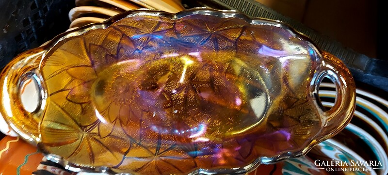 Art Nouveau fenton carnival serving bowl in iridescent golden amber color