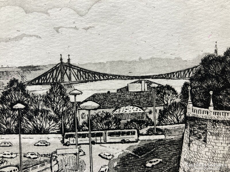 Budapest, látkép az Erzsébet híddal, nagy méretű rézkarc, 1964