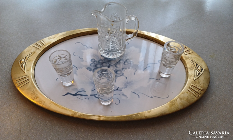 Secession, art deco red and porcelain earthenware inlaid, center table offering fruit and short drinks