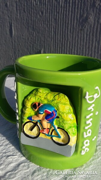 Biciklis bögre, zöld, ajándék bögre